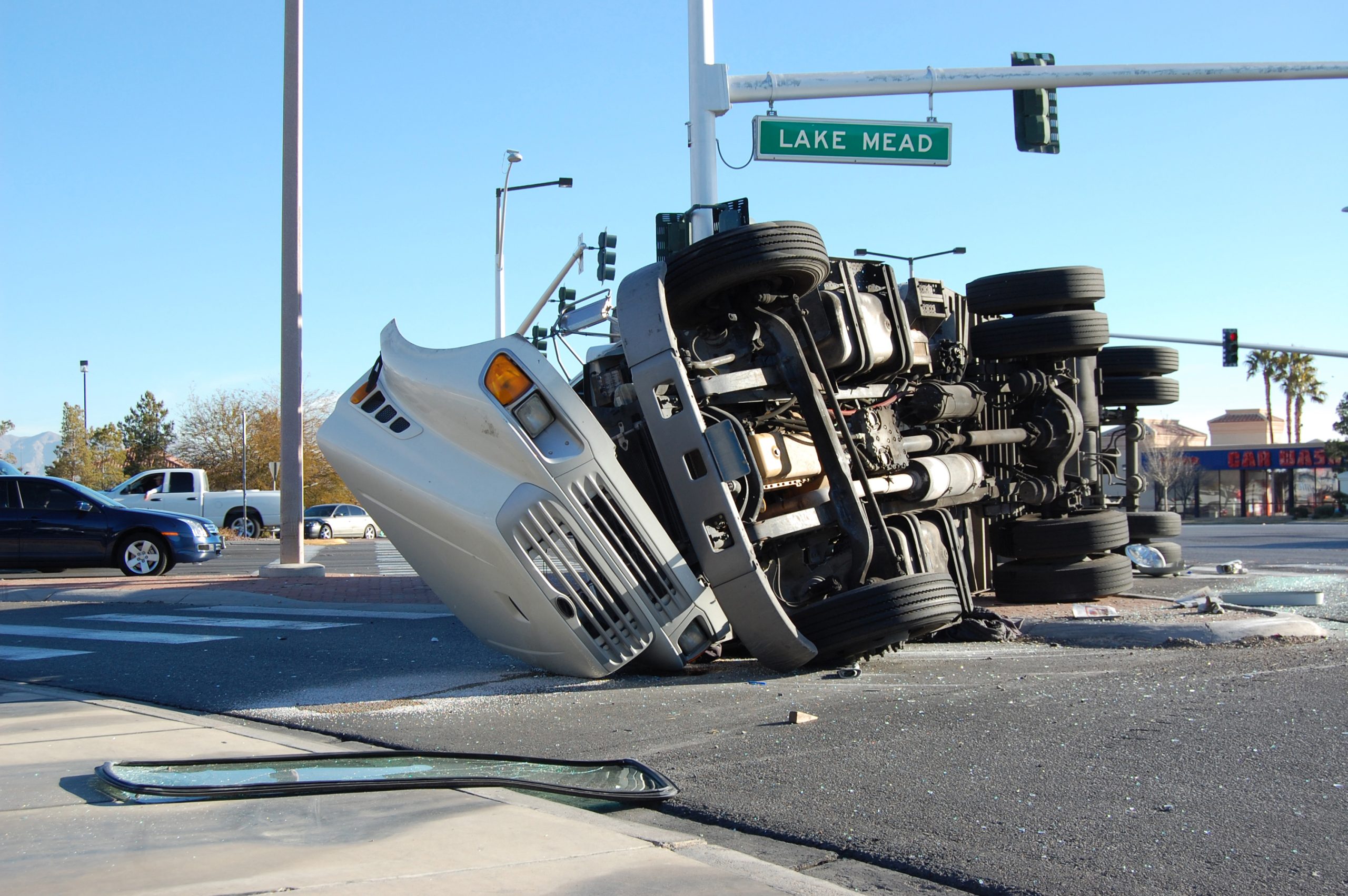 Overturned semi truck from a trucking accident