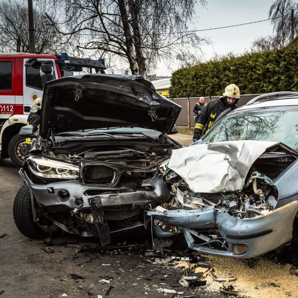 Car Accident On A Road In March 21, 2019, Cars After Frontal Collision Between Bmw And Chevrolet In Riga, Latvia.